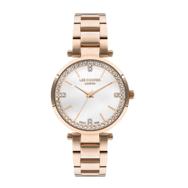 Montre Femme Lee Cooper en acier doré rose fond blanc avec oxydes de zirconioum
