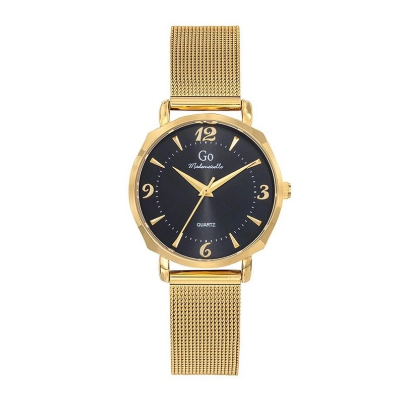 Montre Go femme bracelet acier doré fond noir