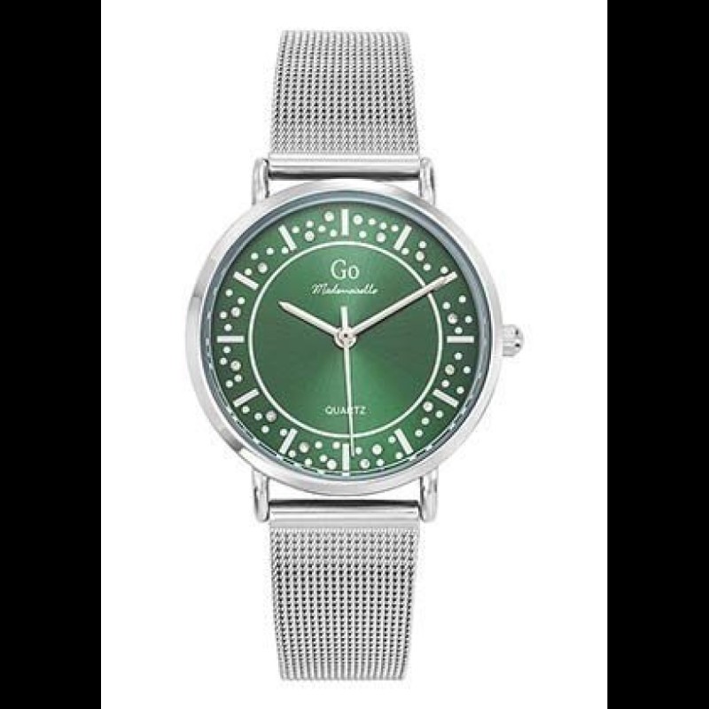 Montre Go femme bracelet acier argenté fond vert avec strass