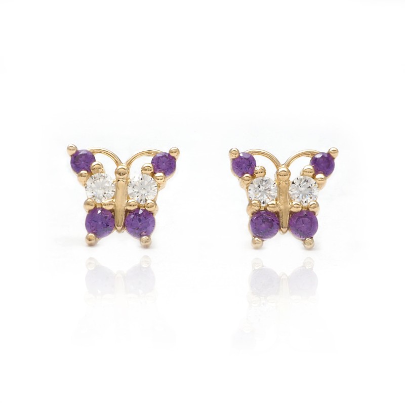 Boucles d'oreilles clous Carador - Or Jaune 375/000 Oxyde de zirconium Améthyste - Papillon